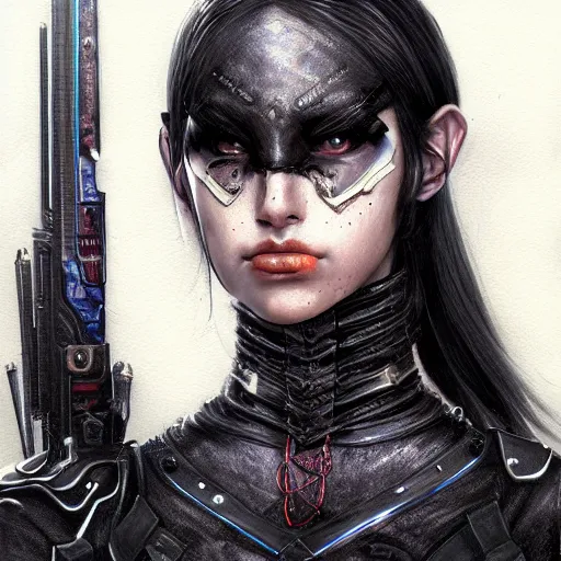 Image similar to portrait of a female dark elf by ayami kojima, she is about 2 0 years old, american, black hair, introvert, she is wearing a modern witch tactical gear, scifi, highly detailed portrait, digital painting, artstation, concept art, smooth, sharp foccus ilustration, artstation hq