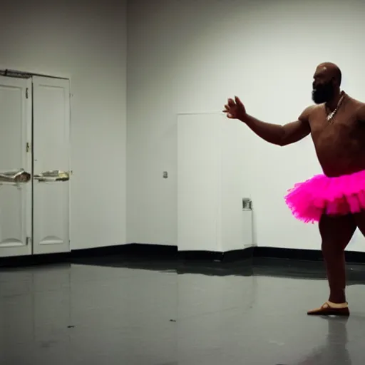 Prompt: Mr. T wearing a frilly tutu and practicing ballet in a dance studio by himself