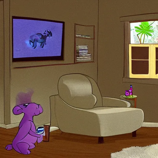 Prompt: a baby hippo lives in a cozy house. it likes to watch tv in the family room. digital art.