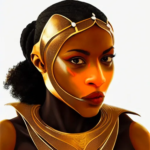 Prompt: beautiful portrait of an african american woman with an orange glow on her face medieval metallic knight armor, artstation, cgsociety, masterpiece, dark fantasy