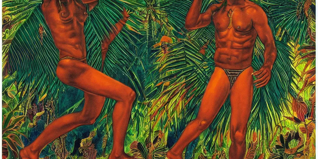 Image similar to an abstract tropical landscape, portrait of a dark - skinned greek god dancing. 2 4 mm, photorealistic, directed by mati klarwein