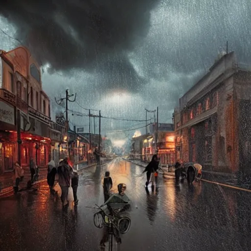 Image similar to 1 9 5 0 s town street in the middle of a rainstorm, fisheye!!!!!! lens, shot by jimmy nelson and greg rutkowski, cgsociety contest winner, intricately defined, complexly detailed, photorealistic photography, 4 k