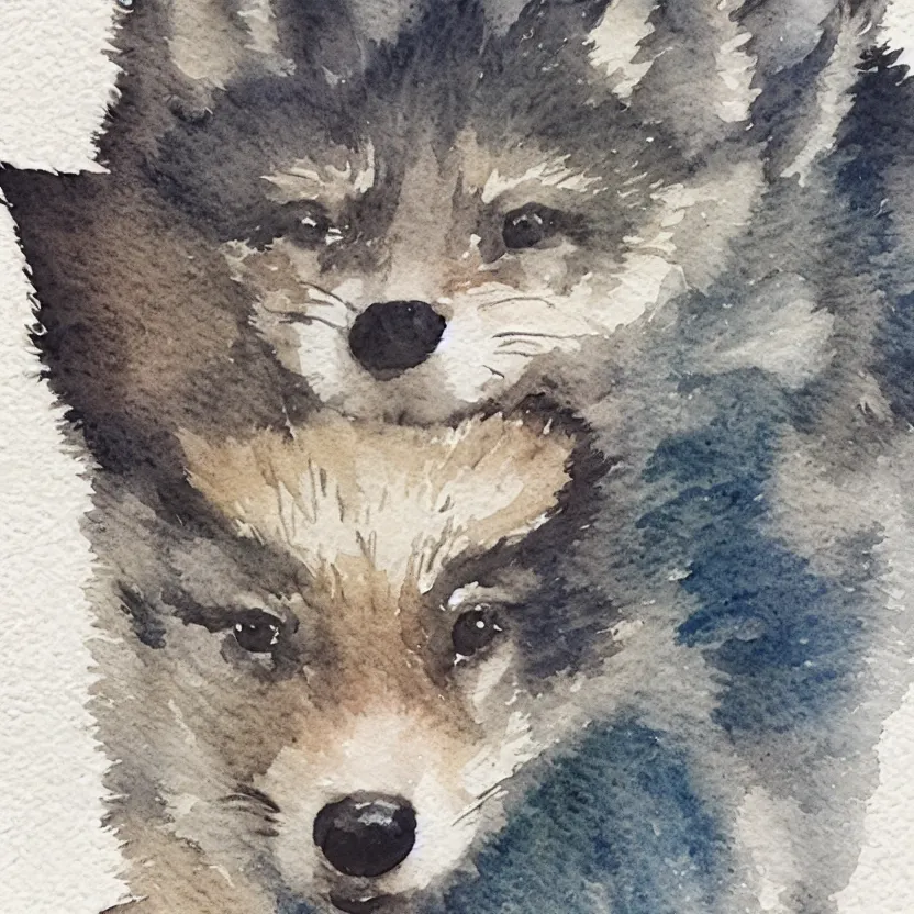 Image similar to detailed watercolor illustration of a cute and thoughtful wolf pup