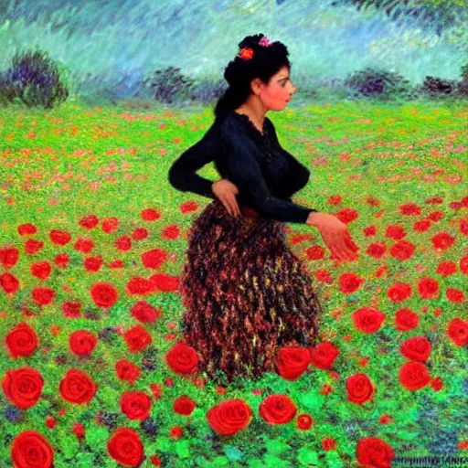 Image similar to beautiful tan mexican woman, dancing in a field of roses, full body, prominent rosy cheek bones, black hair and brown eyes, monet art style,