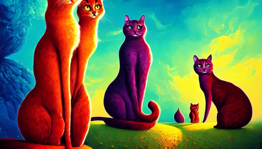 Prompt: artwork of really tall sitting cats by anato finnstark, by karol bak, by lisa frank, brush strokes, 4 k resolution