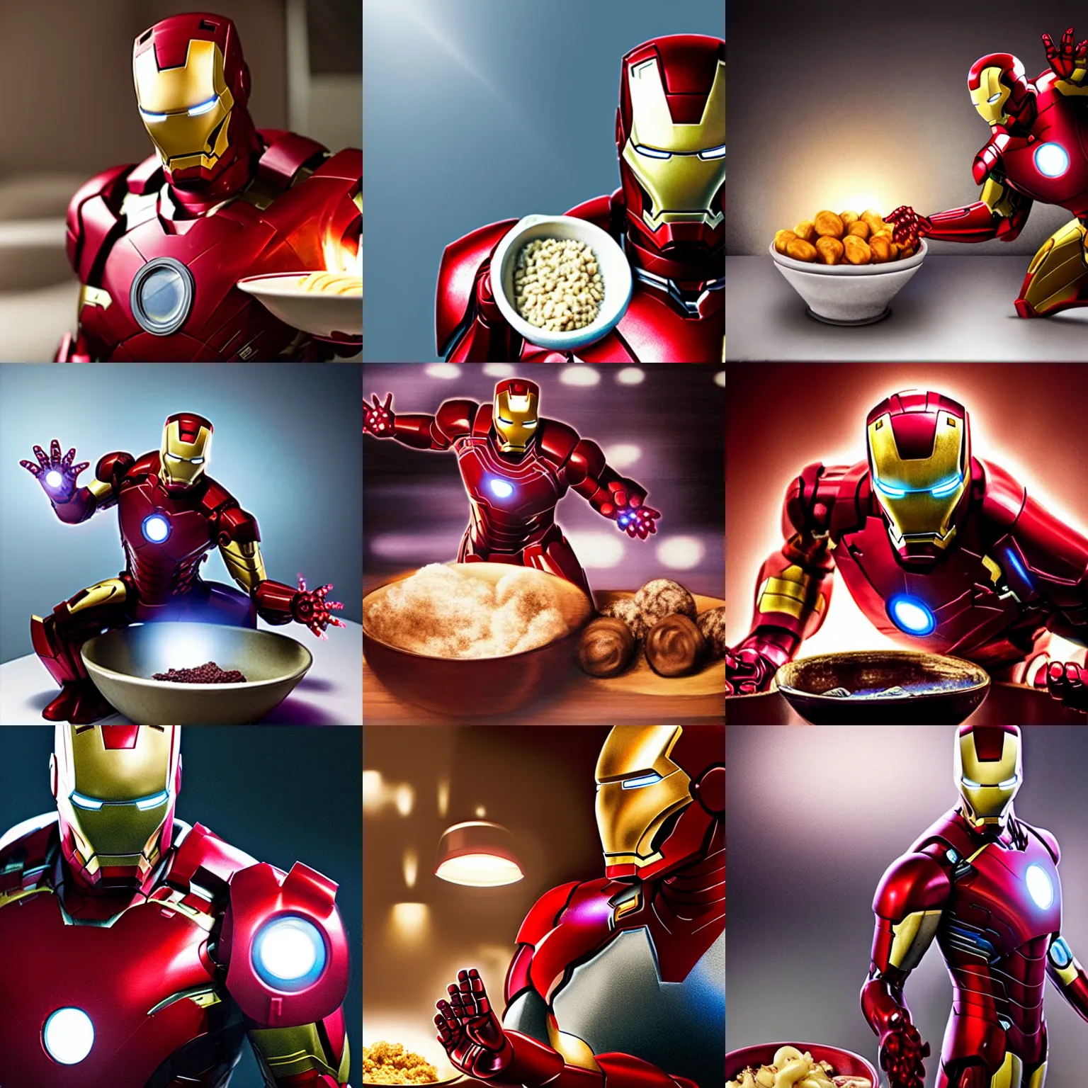 Prompt: iron-man is eating a bowl of vareniki, hyper-realistic, photorealistic, cinematic, studio lighting