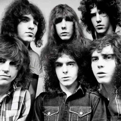 Image similar to group of 1 9 - year - old boys and girls with shaggy wavy hair, wearing double denim, proto - metal band promo, heavy rock band promo photo, early heavy metal, 1 9 7 5 photo