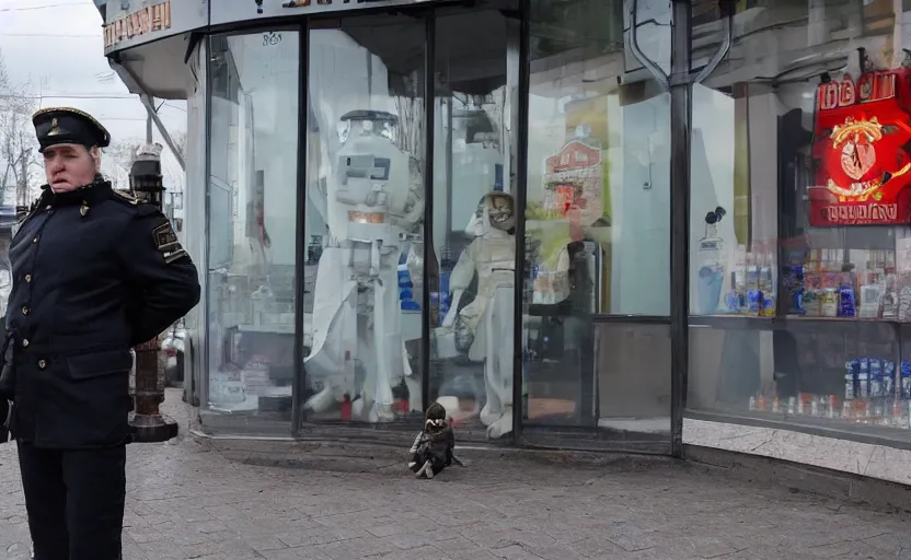 Prompt: Photo of Russian robot cop in Moscow guarding a vodka store, with babushkas in the background