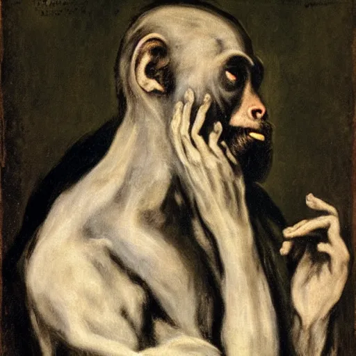 Image similar to a philosopher monkey contemplating matters, portrait, by el greco