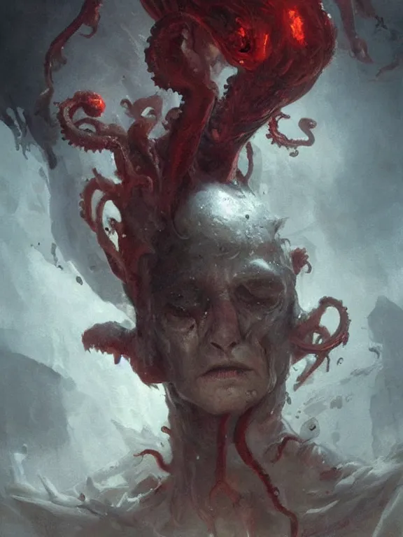 Image similar to painting by greg rutkowski a flying human head with tears running down it's face face that is chalk white in color, with long white!! tentacles!! coming out of the neck, fiery scorching red eyes, flying in a terrying hellish dark cavernous place