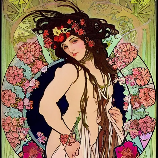 Prompt: persephone as godess of hell and flowers, painted by alphonse mucha