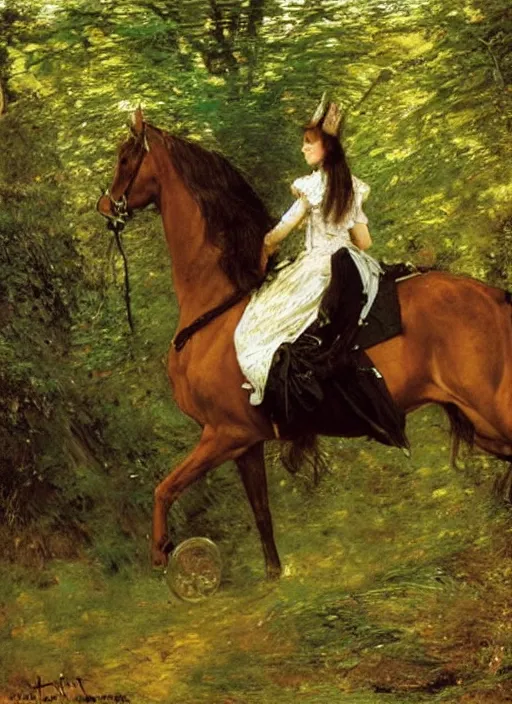 Image similar to a princess with long hair and a tall cone hat riding on a robotic horse in a lush forest, oil painting by john everett millais