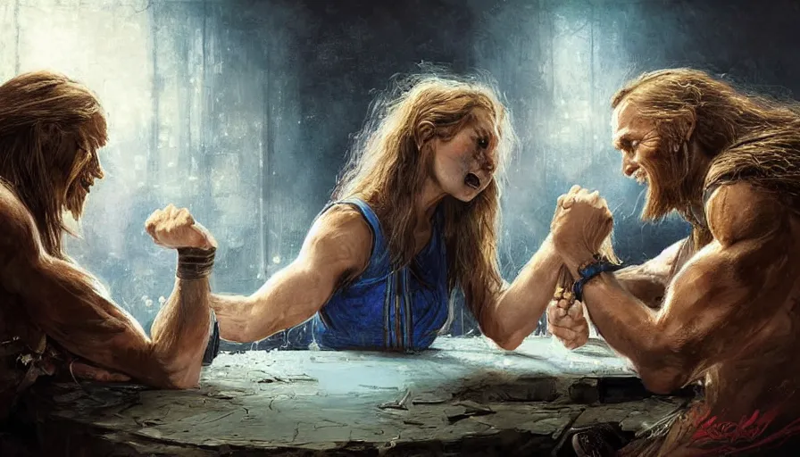 Image similar to arm wrestling between ( vladimir putin ) and ( ( ( a young pretty girl with long hair and blue eyes ) ) ), hyperrealistic, digital concept art, caricature illustration, violent. horror. art by gaston bussiere and greg rutkowski in yelow and blue color