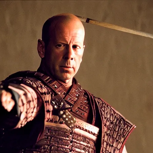 Image similar to Bruce Willis as samurai , film still,