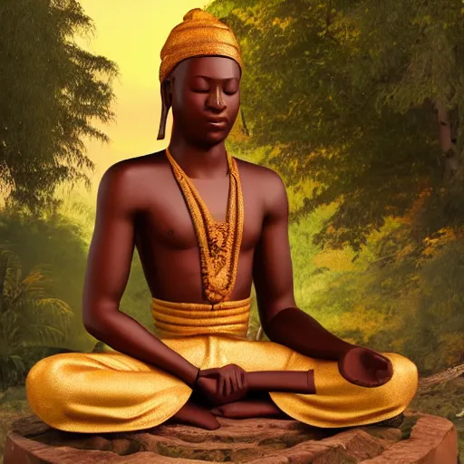 Prompt: contented peaceful haitian!! bodhisattva, praying meditating, in a scenic environment, detailed, golden hour, realism, artstation trending, digital art, 4 k uhd