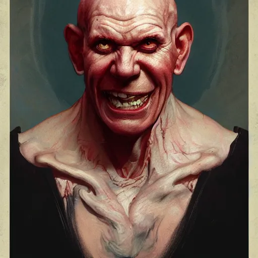 Image similar to portrait of a red bald man with black eyes and a black teeth, horror, glowing eyes, by Stanley Artgerm Lau , greg rutkowski, thomas kindkade, alphonse mucha, loish, norman rockwell. Trending on artstation detailed illustration hd 4k