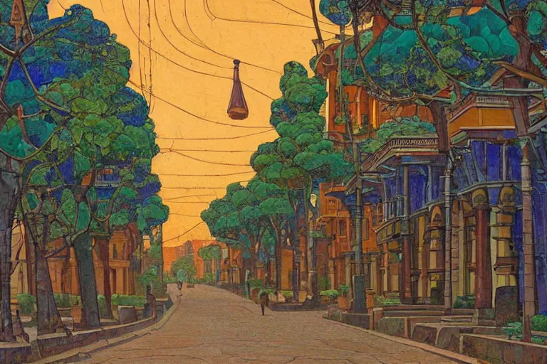 Image similar to tree-lined street in a very old very beautiful city by Thomas Seddon and Nicholas Roerich, ornate wrought iron, strong dramatic cinematic lighting , colorful tiled architecture, lost civilizations, smooth, sharp focus, extremely detailed