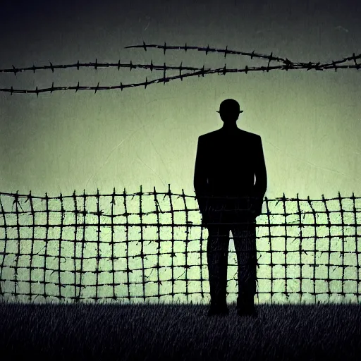 Image similar to scared man standing in front of a fence with barbed wire, by jeffrey smith, tim biskup, behance contest winner, wallpaper, digital illustration