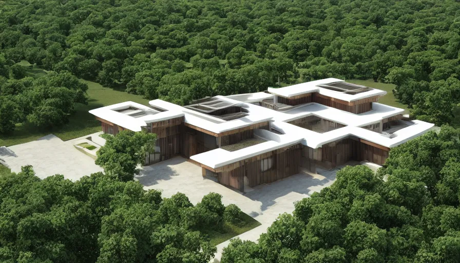 Image similar to modern house with trees in courtyard and big entrance, tibetan inspired architecture, on a green hill, frank lloyd wright, photorealistic, drone view