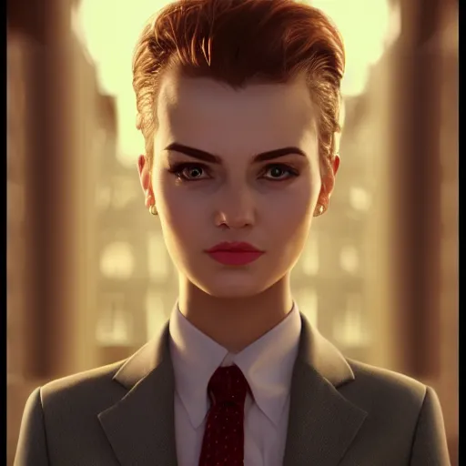 Prompt: beautiful girl protrait in a suit, character portrait, james gurney, character concept style trending on artstation, detailed face, concept art, detailed, octane render cinematic, photo-realistic, 8k, high detailed