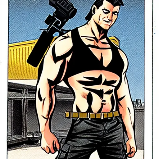 Prompt: muscular man, black vest open with no shirt underneath, cargo pants, ammo belt, holding a blaster, long black hair in a ponytail, five o' clock shadow, comic book art