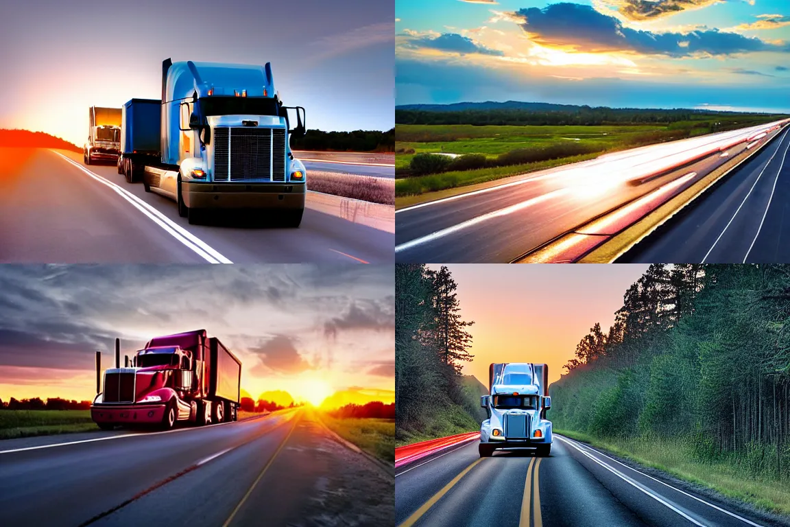 Prompt: an award winning photo of a truck running through the interstate, sunrise