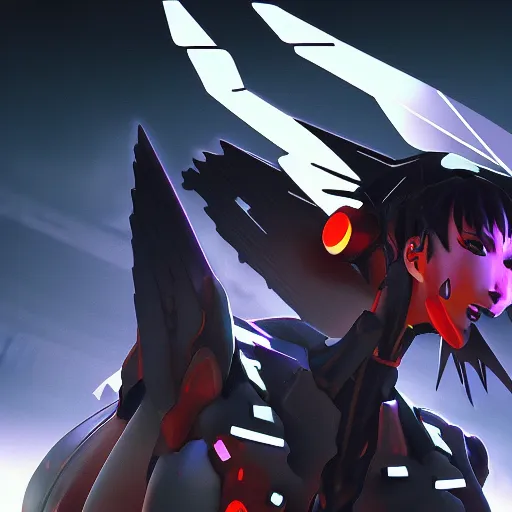 Image similar to cyberpunk evangelion angel invaders dramatic dark background 4 k path traced high definition detailed artstation realistic trending dramatic lighting light and dark contrast blurred focus bokeh