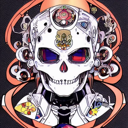 Image similar to anime manga skull portrait robot gundam face illustration style by Alphonse Mucha and Takashi Murakami pop art nouveau