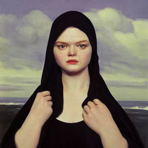 Prompt: obese and ugly Elle Fanning in a black robe holding a skull on the beach, head and shoulders portrait, stormy weather, extremely detailed masterpiece, Roger Deakin’s cinematography, oil on canvas, Edward Hopper,