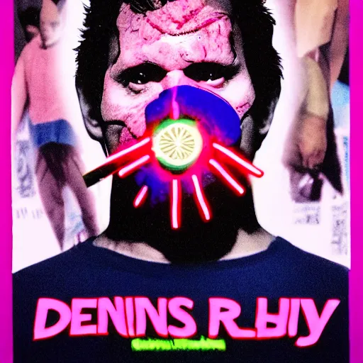 Image similar to dennis reynolds wearing half of a jason hokey mask. pink and blue neon with red and black letters in neon font that says the golden god butcher knife movie poster