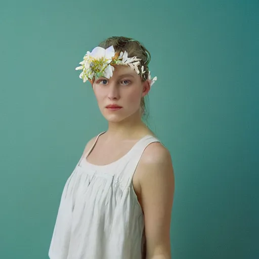 Image similar to a photograph of beautiful nordic woman wearing a white folkdrakt dress, she has a summer flower headband. against a teal studio backdrop. strong kodak portra 4 0 0 film look. film grain.