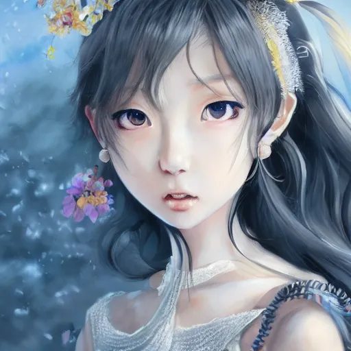 Image similar to dynamic composition, motion, ultra-detailed, incredibly detailed, a lot of details, amazing fine details and brush strokes, colorful and grayish palette, smooth, HD semirealistic anime CG concept art digital painting, watercolor oil painting of a young C-Pop idol girl, by a Chinese artist at ArtStation, by Huang Guangjian, Fenghua Zhong, Ruan Jia, Xin Jin and Wei Chang. Realistic artwork of a Chinese videogame, gradients, gentle an harmonic grayish colors.