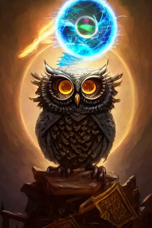 Image similar to closeup 3 5 mm anthropomorphic sorcerer owl casting a spell in a castle, d & d, fantasy, intricate, action pose, particle effects, highly detailed, digital painting, artstation, concept art, matte, sharp focus, volumetric lighting, illustration, hearthstone, art by artgerm, wlop, greg rutkowski and alphonse mucha