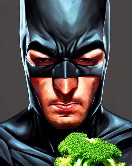 Image similar to Close-up stunning portrait of Batman eating broccoli, digital painting, concept art, highly detailed, digital painting, Trending on Artstation, 8K, by artgerm and greg rutkowski and alphonse mucha