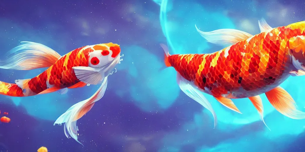 Image similar to koi fish floating in space, turquoise background, realistic detailed digital art by maxwell boas, jessica rossier, christian dimitrov, anton fadeev, trending on artstation, cgsociety, rendered in unreal engine, soft colors, 4 k, hq