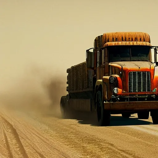 Prompt: t 6 6 0 tractor trailer truck in mad max : fury road, midday light, dust storm,