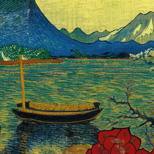 Prompt: japanese landscape, temple, mountains in distance, lake with japanese creatures in front, that looks like a van gogh painting