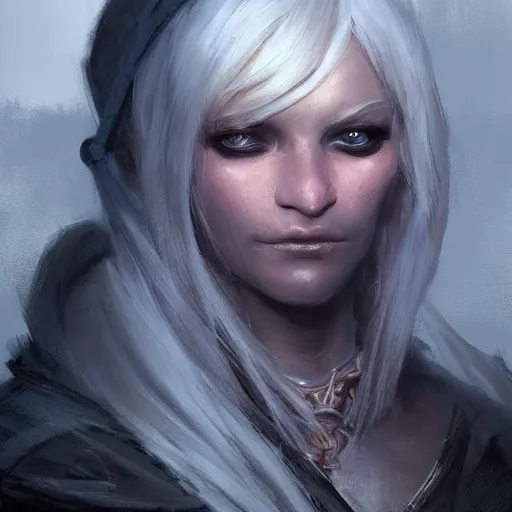 Image similar to closeup portrait of drow, dungeons and dragons character, dramatic lighting, castle background, gorgeous view, realistic, high detail, digital art, painted by greg rutkowski, painted by jeremy mann, trending on artstation