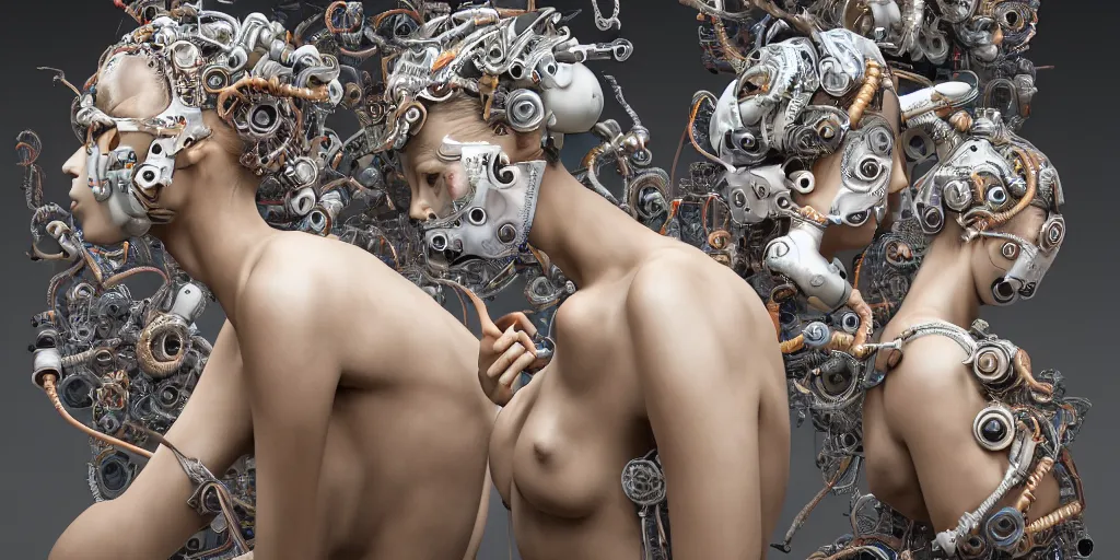 Prompt: hyperrealistic photography of cyborg angels wearing manniquin masks assisting a feathered machine making bottles with multiple cables and cogs in the style of Jin Kagetsu, patricia piccinini, James Jean and wlop, highly detailed, masterpiece, award-winning, sharp focus, intricate concept art, ambient lighting, 8k, artstation