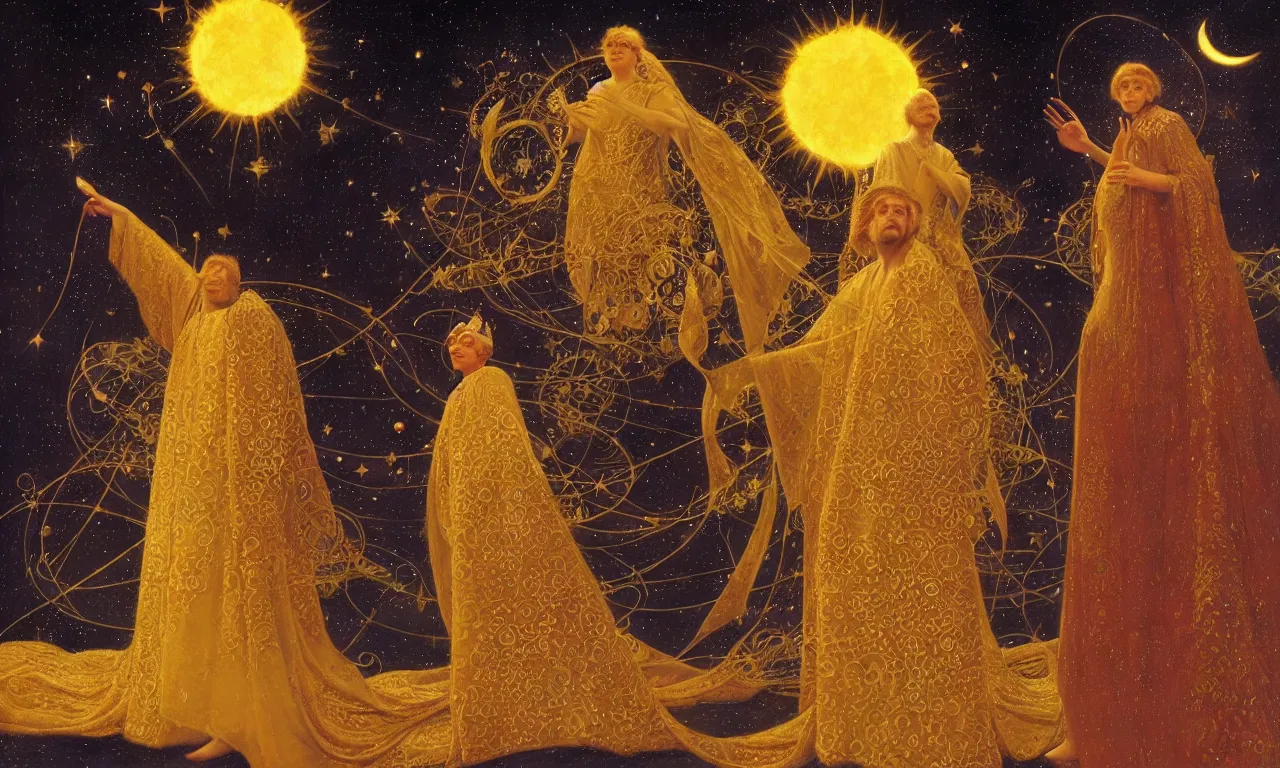 Prompt: sun king and moon prince in the cosmic court of mystical astronomy, art by james c. christensen and thomas cooper gotch