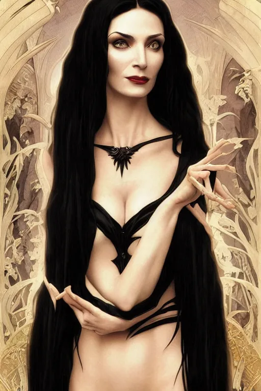 Image similar to claudia black as morticia addams, masterpiece, intricate, elegant, highly detailed, digital painting, artstation, concept art, smooth, sharp focus, illustration, art by artgerm and greg rutkowski and alphonse mucha and uang guangjian and gil elvgren and sachin teng, symmetry!!