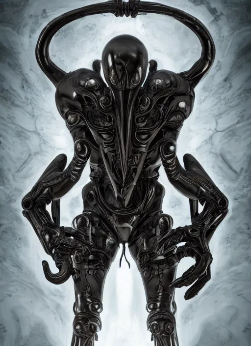 Image similar to engineer prometheus, xenomorph alien, highly detailed, symmetrical long head, smooth marble surfaces, detailed ink illustration, raiden metal gear, cinematic smooth stone, deep aesthetic, concept art, post process, 4k, carved marble texture and silk cloth, latex skin, highly ornate intricate details, prometheus, evil, moody lighting, hr geiger, hayao miyazaki, indsutrial Steampunk