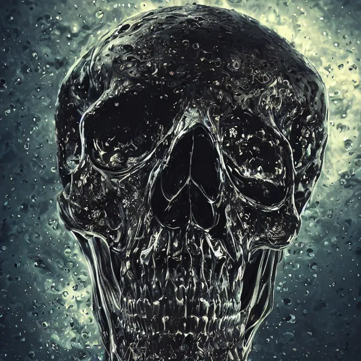 Prompt: a melting dripping human skull. ferrofluids, melted metal, burning water distortions. intricate abstract. intricate artwork. by Tooth Wu, wlop, beeple, dan mumford. octane render, trending on artstation, greg rutkowski very coherent symmetrical artwork. cinematic, hyper realism, high detail, octane render, 8k, depth of field, bokeh. iridescent accents