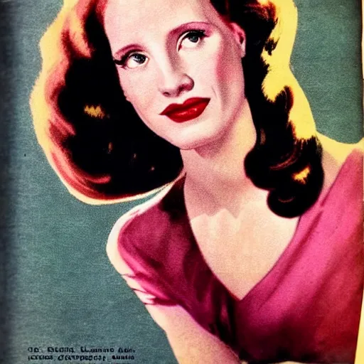 Image similar to “Jessica Chastain portrait, color vintage magazine illustration 1950”