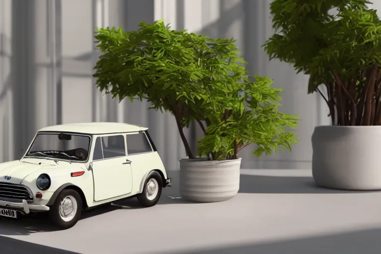 Prompt: a small miniature of a Mini Cooper S 1963 on a white table near a vase with a plant near a window at sunset, 3d render, unreal engine 5, octane render, 4k, low contrast, ray tracing, serene landscape, calm, relaxing, beautiful landscape, highly detailed, high quality, product photo, hyperrealistic, concept art, symmetrical, centered, godrays