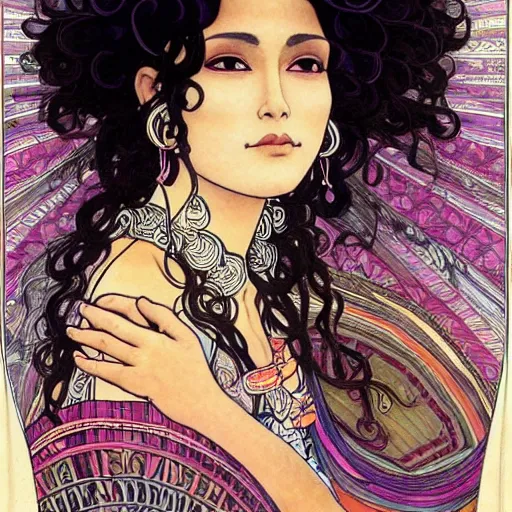 Image similar to Beautiful illustration of a Mexican woman of 40 years old, with curly black and silver hair, the woman has beautiful black eyes, her skin is light brown, she is dressed in shaman clothes, in the style of yoshitaka amano and alfons mucha