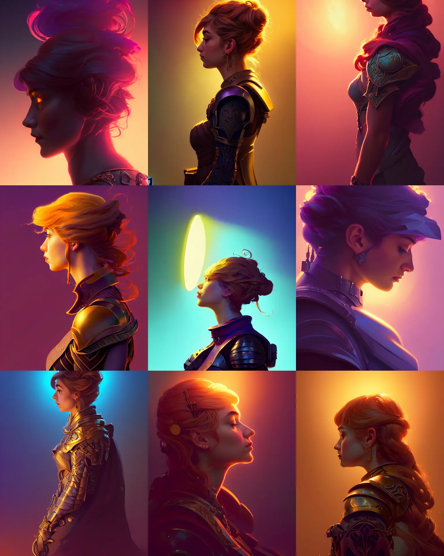 Prompt: side - profile medium shot portrait, imogen poots paladin, backlit, key lighting, smooth, gaudy colors, unreal engine render, art nouveau, octane render aesthetic, gloomhaven, matte painting concept art, official fanart behance hd artstation by james gilleard, jesper ejsing, lois van baarle, ilya kuvshinov