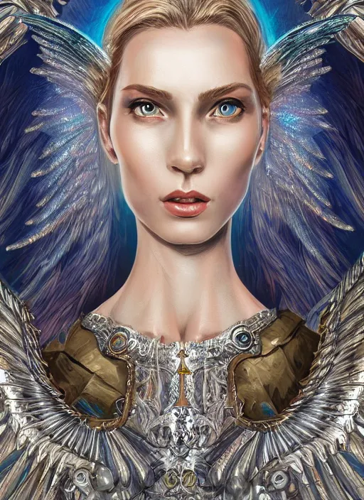 Prompt: a highly detailed character portrait of a beautiful female archangel radiating a majestic holy aura, ornate silver breastplate, intricate, digital painting, artstation, concept art, smooth, sharp focus, illustration, deep vibrant colors, hyperrealistic, photorealistic