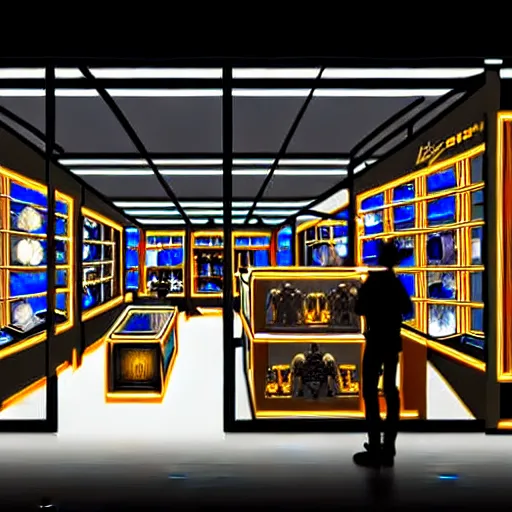 Prompt: inside a robotic shop store directly looking at a display case in The City of Lisbon at night with a few customers, extreme plus resolution scifi concept art, intricate details to everything visible, sharp lighting, strong emphasis on alphonse mucha, Makoto Shinkai