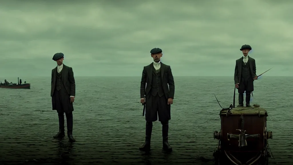 Image similar to the peaky blinders with fish heads coming out of the ocean film still from the movie directed by denis villeneuve with art direction by zdzis